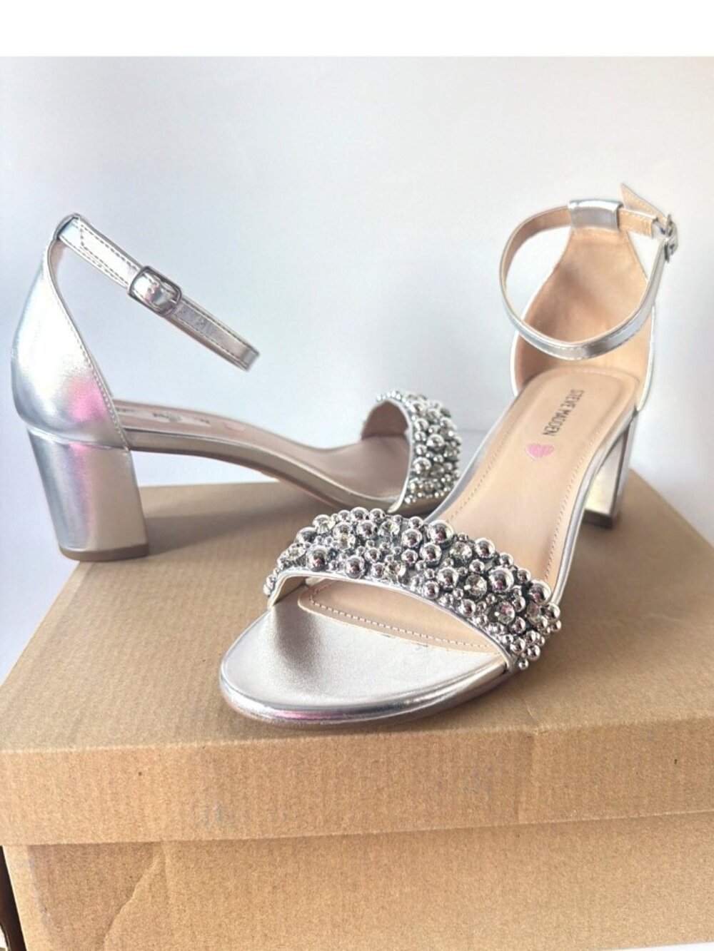 Steve Madden JCarrson Silver Beads Sandals Girls Low Block Heel Big Kid Size 7